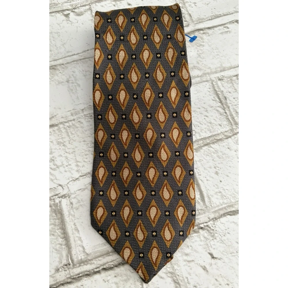 COACH‎ Silk Neck Tie~Earthy Golden Brown With Mustard Raindrop